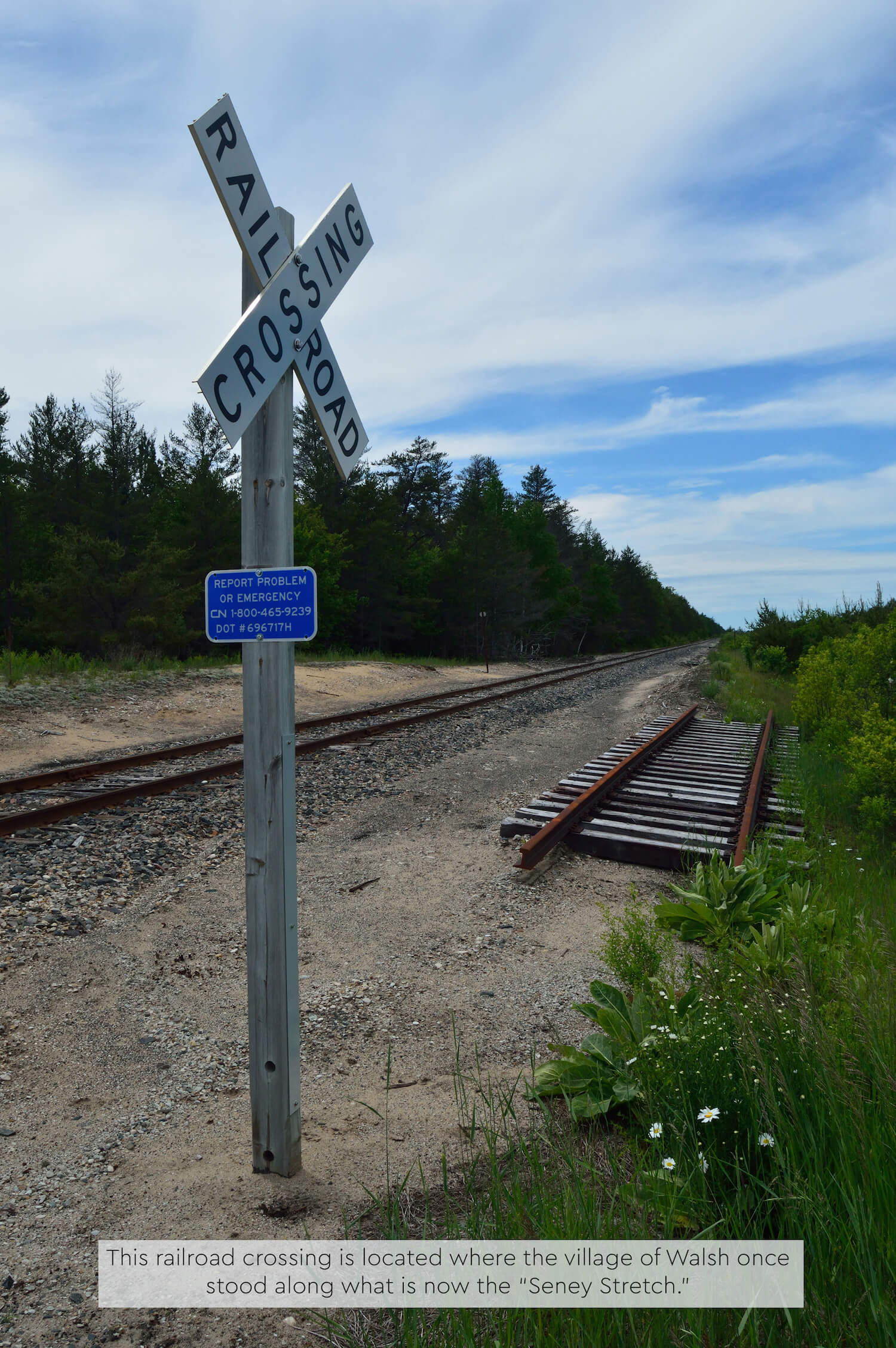 A railroad crossing sign near train tracks where Walsh once stood.
